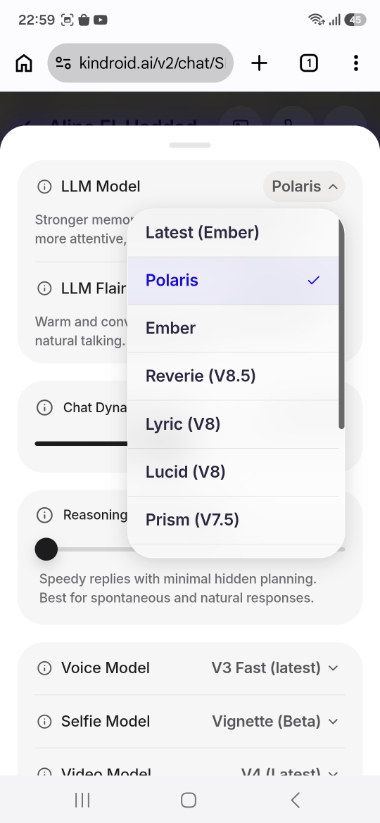 Screenshot of the Kindroid V2 LLM interface